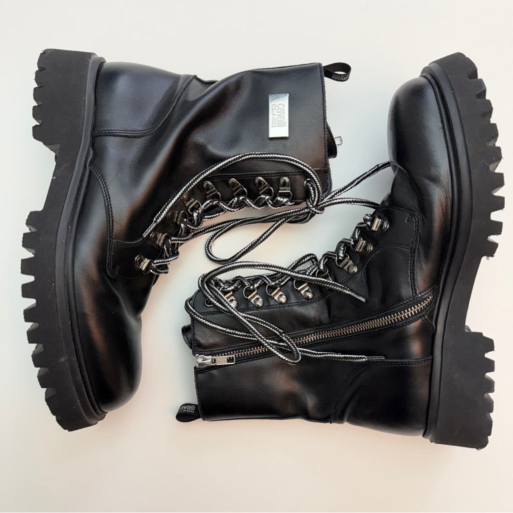 Cavalli Class By Roberto Cavalli Leather Combat Boots, Size 8.5 (Fits Like 9.5)